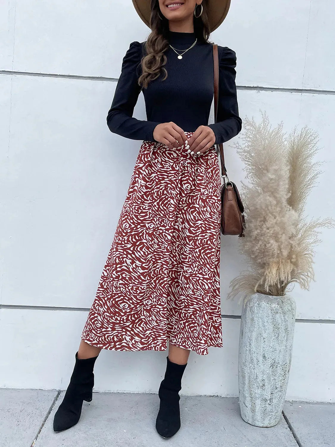 Printed Mock Neck Puff Sleeve Midi Dress Navy Casual Dresses - Tophatter Daily Deals